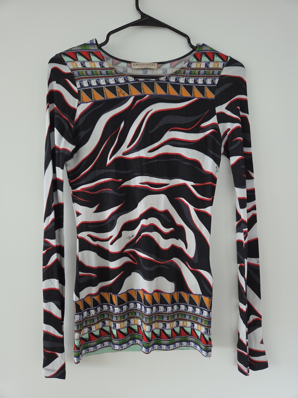 Emilio Pucci Black, White & Red Zebra-Print Long Sleeve Top with Multicolor Trim